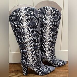 Marc Fisher Black and Gray Snake Print Heeled Boots